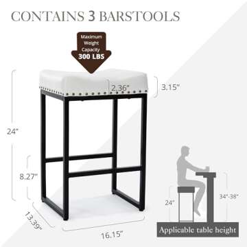 LUE BONA Counter Height Bar Stools, 24" Square Saddle Barstools Set of 3, Modern Backless Faux Leath...
