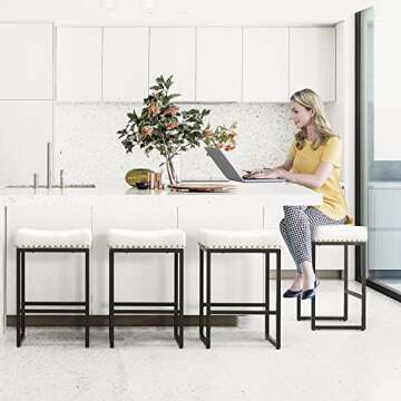 LUE BONA Counter Height Bar Stools, 24" Square Saddle Barstools Set of 3, Modern Backless Faux Leather Counter Stool with Black Metal Legs for Kitchen Island Counter, Home Bar, Bistro, White