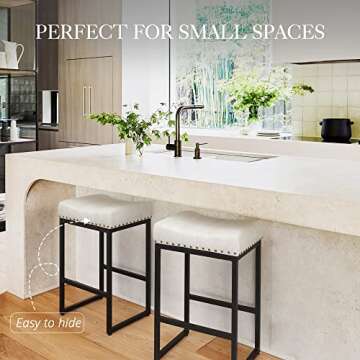 LUE BONA Counter Height Bar Stools, 24" Square Saddle Barstools Set of 3, Modern Backless Faux Leather Counter Stool with Black Metal Legs for Kitchen Island Counter, Home Bar, Bistro, White