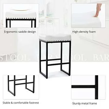 LUE BONA Counter Height Bar Stools, 24" Square Saddle Barstools Set of 3, Modern Backless Faux Leather Counter Stool with Black Metal Legs for Kitchen Island Counter, Home Bar, Bistro, White