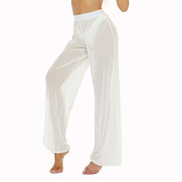 RUEWEY Women See Throug Mesh Flare Cover up Pants Swimsuit Bikini Bottom Cover up Elastic Waist Loose Wide Leg Long Palazzo Pants Trousers (S, White)