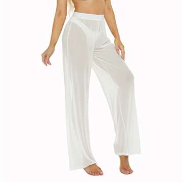 RUEWEY Women See Throug Mesh Flare Cover up Pants Swimsuit Bikini Bottom Cover up Elastic Waist Loose Wide Leg Long Palazzo Pants Trousers (S, White)