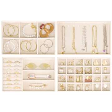 Cirhy Jewelry Trays Organizer for Drawer, 4 Set of Jewelry Organizers and Display Case Storage, Stac...