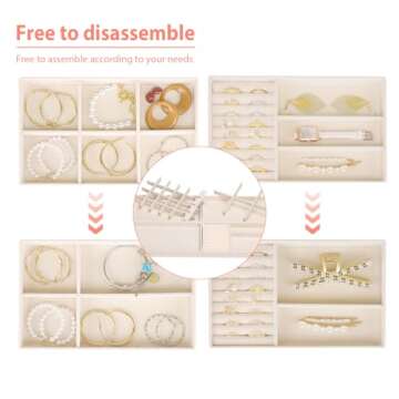 Cirhy Jewelry Trays Organizer for Drawer, 4 Set of Jewelry Organizers and Display Case Storage, Stackable Velvet Drawer Inserts Organizer for Necklace Bracelets Earrings Organizer, Gift For Her,Beige