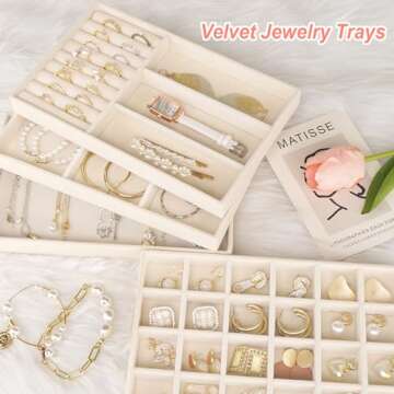 Cirhy Jewelry Trays Organizer for Drawer, 4 Set of Jewelry Organizers and Display Case Storage, Stackable Velvet Drawer Inserts Organizer for Necklace Bracelets Earrings Organizer, Gift For Her,Beige