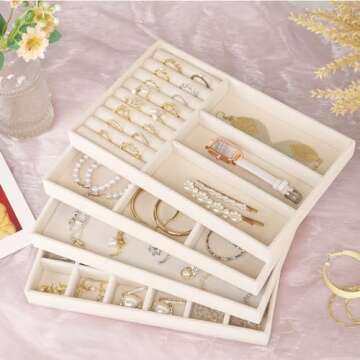 Cirhy Jewelry Trays Organizer for Drawer, 4 Set of Jewelry Organizers and Display Case Storage, Stackable Velvet Drawer Inserts Organizer for Necklace Bracelets Earrings Organizer, Gift For Her,Beige