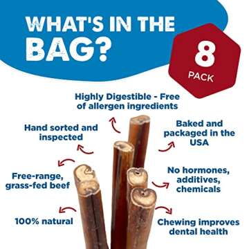 Best Bully Sticks All Natural 11 Inch Thick Bully Sticks for Large Dogs - 100% Free-Range Grass-Fed Beef - Single-Ingredient Grain & Rawhide Free Dog Chews - 8 Pack