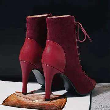 MIOKE Women's Peep Toe Dance Stilettos High Heels Sandals Fashion Sexy Lace Up Ladies Dress Pumps Ankle Booties Wine Red 9 M US