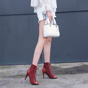 MIOKE Women's Peep Toe Dance Stilettos High Heels Sandals Fashion Sexy Lace Up Ladies Dress Pumps Ankle Booties Wine Red 9 M US