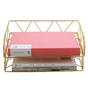 PAG 2 Packs Desktop File Organizer Metal Stackable Horizontal Letter Tray Paper Holder Rack, Gold