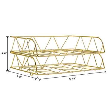 PAG 2 Packs Desktop File Organizer Metal Stackable Horizontal Letter Tray Paper Holder Rack, Gold