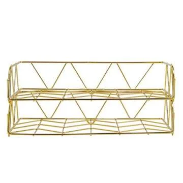 PAG 2 Packs Desktop File Organizer Metal Stackable Horizontal Letter Tray Paper Holder Rack, Gold