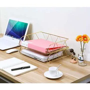 PAG 2 Packs Desktop File Organizer Metal Stackable Horizontal Letter Tray Paper Holder Rack, Gold