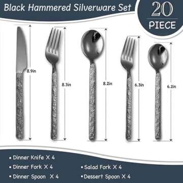 20-Piece Black Silverware Set, Hammered 18/10 Stainless Steel Flatware Set for 4, Food-Grade Cutlery...
