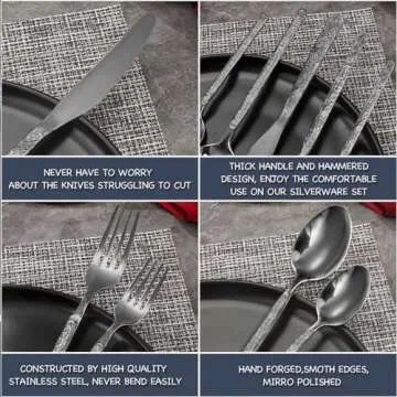 20-Piece Black Silverware Set, Hammered 18/10 Stainless Steel Flatware Set for 4, Food-Grade Cutlery Set, Tableware Set Including Fork Knife Spoon Set,Dishwasher Safe
