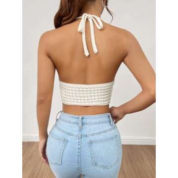 LOFAAC Women Sexy Hollow Out Crochet Crop Halter Tops Y2K Knitted V Neck Sleeveless Backless Lace Up Crop Cami Tank White