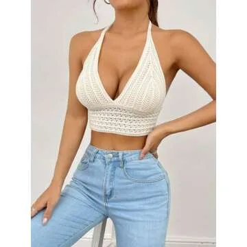 LOFAAC Women Sexy Hollow Out Crochet Crop Halter Tops Y2K Knitted V Neck Sleeveless Backless Lace Up Crop Cami Tank White