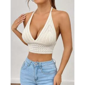 LOFAAC Women Sexy Hollow Out Crochet Crop Halter Tops Y2K Knitted V Neck Sleeveless Backless Lace Up Crop Cami Tank White