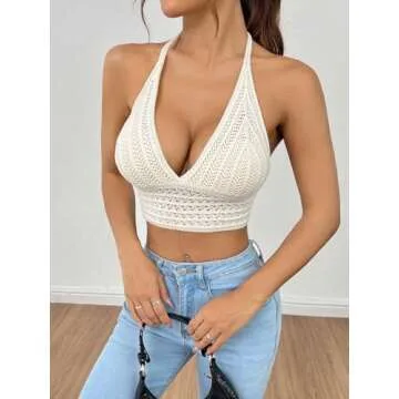 LOFAAC Women Sexy Hollow Out Crochet Crop Halter Tops Y2K Knitted V Neck Sleeveless Backless Lace Up Crop Cami Tank White