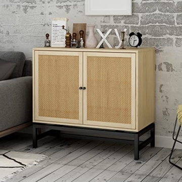 Yoluckea Accent Storage Cabinet, Mid-Century Wood Buffet Sideboard with 2 Natural Rattan Doors and M...