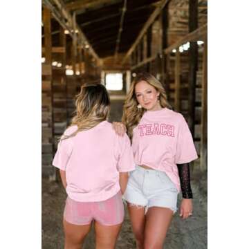 Teach Shirt Oversized for Women Teacher Letter Printed T-Shirt Casual Embroidery Teacher Life Short Sleeve Tee Tops Pink