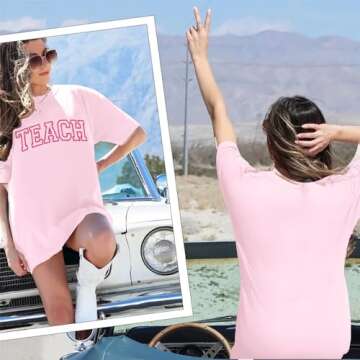 Teach Shirt Oversized for Women Teacher Letter Printed T-Shirt Casual Embroidery Teacher Life Short Sleeve Tee Tops Pink