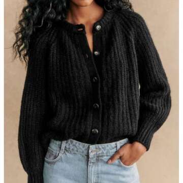 SeeLuNa Crochet Cardigan Sweaters for Women Tops Chunky Knitted Crew Neck Long Sleeve Button Down Jackets Open Front Coat