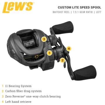 Lew's Custom Lite SLP Speed Spool 7.5:1 Left Hand Baitcast Reel, Black