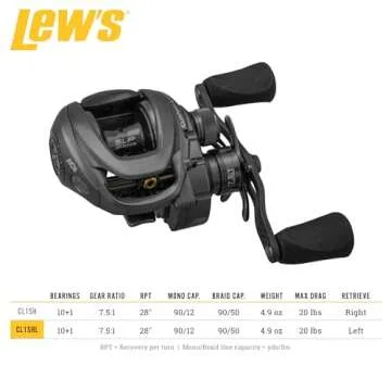 Lew's Custom Lite SLP Speed Spool 7.5:1 Left Hand Baitcast Reel, Black