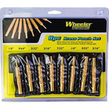 Wheeler 8-Piece Brass Punch Set in Labeled Rollup Storage Bag for Drifting Sights and Gunsmithing