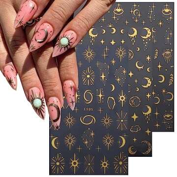 8Sheets Gold Star Nail Sticker Decals- Metallic Nail Supplies 3D Self-Adhesive Sun Stars Moon Starlight Planets Snake Nail Design Nail Art Stickers for Women Acrylic Nails Decoration Accessories Craft