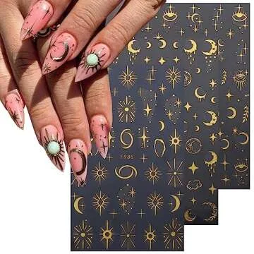 8Sheets Gold Star Nail Sticker Decals- Metallic Nail Supplies 3D Self-Adhesive Sun Stars Moon Starlight Planets Snake Nail Design Nail Art Stickers for Women Acrylic Nails Decoration Accessories Craft