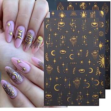 8Sheets Gold Star Nail Sticker Decals- Metallic Nail Supplies 3D Self-Adhesive Sun Stars Moon Starlight Planets Snake Nail Design Nail Art Stickers for Women Acrylic Nails Decoration Accessories Craft