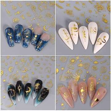 8Sheets Gold Star Nail Sticker Decals- Metallic Nail Supplies 3D Self-Adhesive Sun Stars Moon Starlight Planets Snake Nail Design Nail Art Stickers for Women Acrylic Nails Decoration Accessories Craft