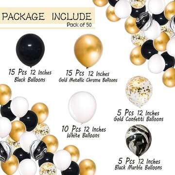 Mayen 50 Pcs 12 Inches Black Gold White Balloons Set, Black Marble Balloons, Gold Metallic and Gold Confetti Balloons, Birthday Party Decorations, New Years Eve Decorations, Graduation Balloons