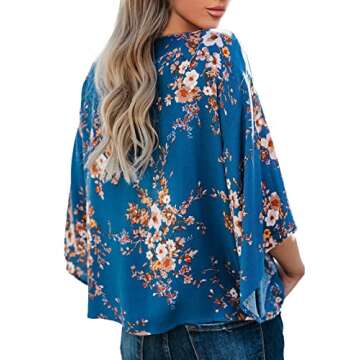 Women's Floral Tie Front Chiffon Blouses V Neck Batwing Short Sleeve Summer Tops Shirts Blue