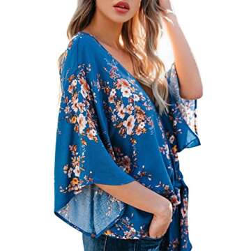 Women's Floral Tie Front Chiffon Blouses V Neck Batwing Short Sleeve Summer Tops Shirts Blue