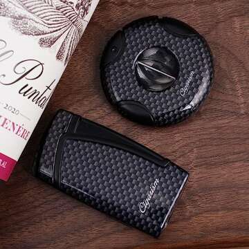 CIGARISM Carbon Fiber Style Cigar Lighter Cutter Set, Double Torch Flame W/Cigar Punch, Rould V-Cut ...