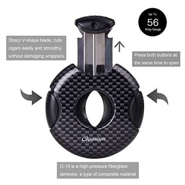 CIGARISM Carbon Fiber Style Cigar Lighter Cutter Set, Double Torch Flame W/Cigar Punch, Rould V-Cut Up to 56 Ring Gauge (Black)