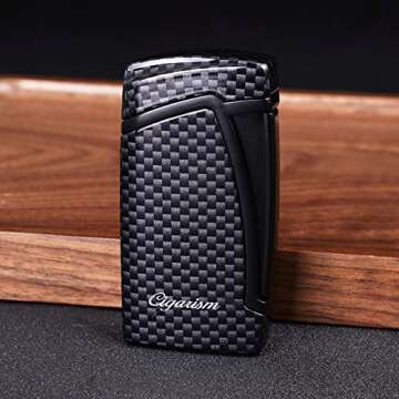 CIGARISM Carbon Fiber Style Cigar Lighter Cutter Set, Double Torch Flame W/Cigar Punch, Rould V-Cut Up to 56 Ring Gauge (Black)