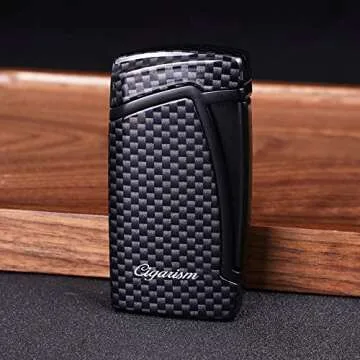 CIGARISM Carbon Fiber Style Cigar Lighter Cutter Set, Double Torch Flame W/Cigar Punch, Rould V-Cut Up to 56 Ring Gauge (Black)