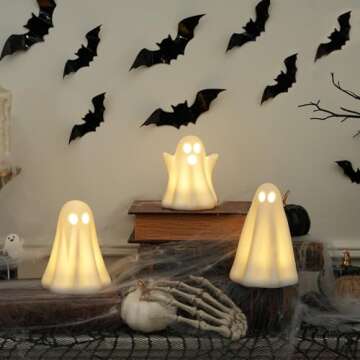 [Timer]Light Up Ghost Halloween Decor, 3 Pack Ceramic Halloween Ghost Decorations Indoor, Ceramic Wh...
