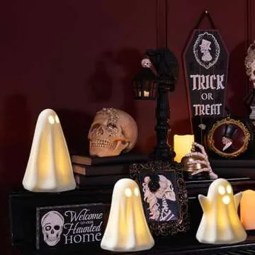 [Timer]Light Up Ghost Halloween Decor, 3 Pack Ceramic Halloween Ghost Decorations Indoor, Ceramic White Ghost Figurines Ghost Statue Cute Ghost Sculpture Spooky Halloween Decor for Home Table Tray