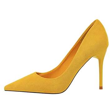 Hee grand Women's Heels Pointed Toe 4IN Heel Pumps Fashion Suede Wedding Dress Shoes Stiletto Office Lady High Heels,Yellow 9