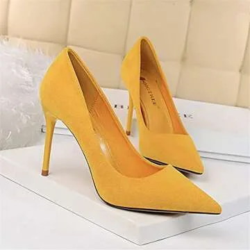 Hee grand Women's Heels Pointed Toe 4IN Heel Pumps Fashion Suede Wedding Dress Shoes Stiletto Office Lady High Heels,Yellow 9