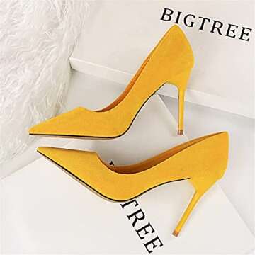 Hee grand Women's Heels Pointed Toe 4IN Heel Pumps Fashion Suede Wedding Dress Shoes Stiletto Office Lady High Heels,Yellow 9