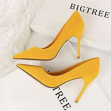 Hee grand Women's Heels Pointed Toe 4IN Heel Pumps Fashion Suede Wedding Dress Shoes Stiletto Office Lady High Heels,Yellow 9