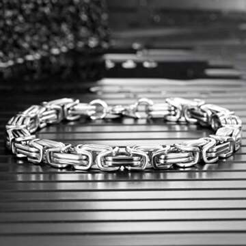 INBLUE 8mm Wide 316L Stainless Steel Bracelet Byzantine Link Chain Bracelet for Men Women Water Resistance (Color - Silver, Length - 8.0 Inch)