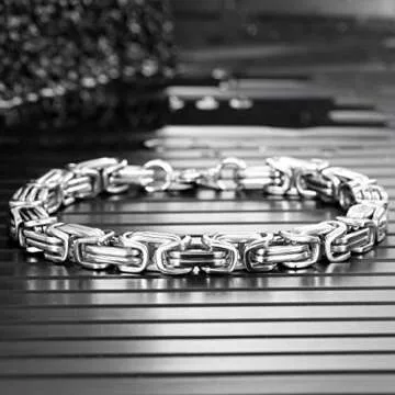 INBLUE 8mm Wide 316L Stainless Steel Bracelet Byzantine Link Chain Bracelet for Men Women Water Resistance (Color - Silver, Length - 8.0 Inch)