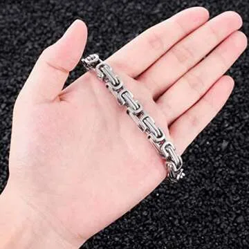 INBLUE 8mm Wide 316L Stainless Steel Bracelet Byzantine Link Chain Bracelet for Men Women Water Resistance (Color - Silver, Length - 8.0 Inch)